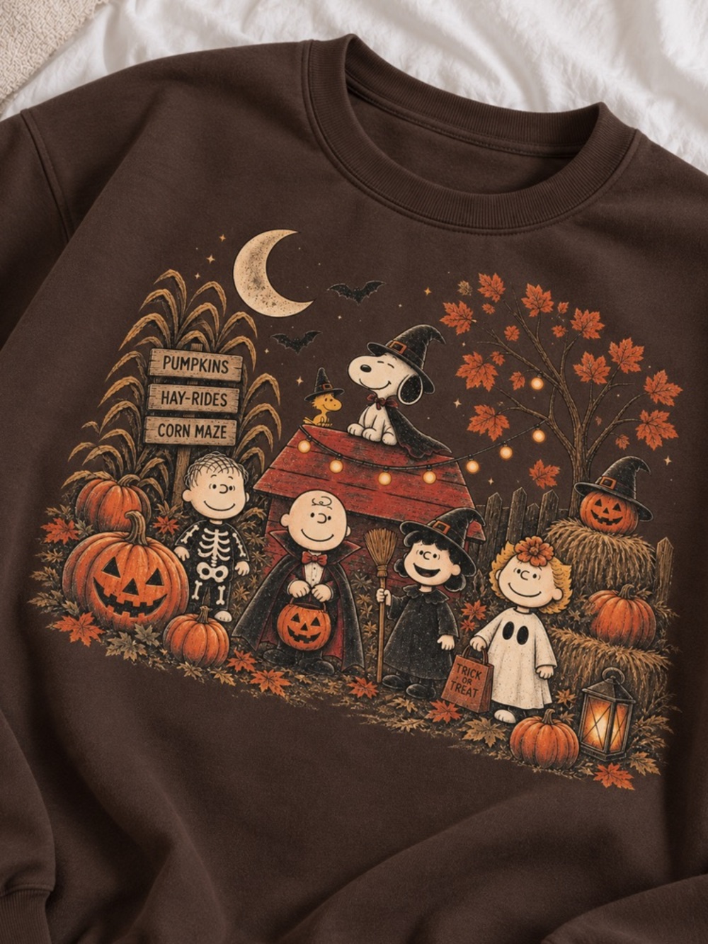 Great Pumpkins and Snoopy Halloween Dark Chocolate Crewneck Sweatshirts - Picture 2 of 3